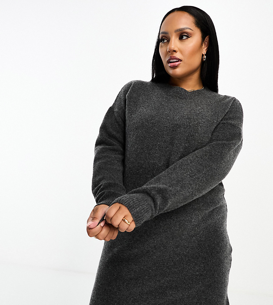 ASOS DESIGN Curve knitted jumper mini dress with crew neck in charcoal-Grey