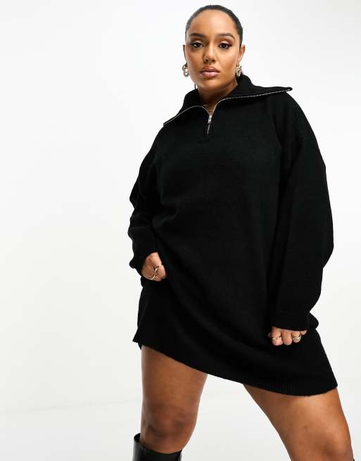 ASOS DESIGN Curve knitted jumper mini dress with zip neck in black, 4 of 4