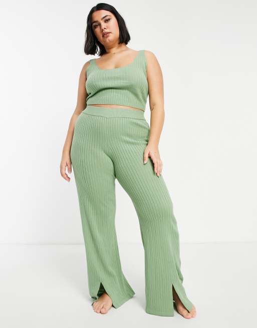 ASOS DESIGN Curve knitted lounge pants with split hem in light green (Part of a set), 2 of 4