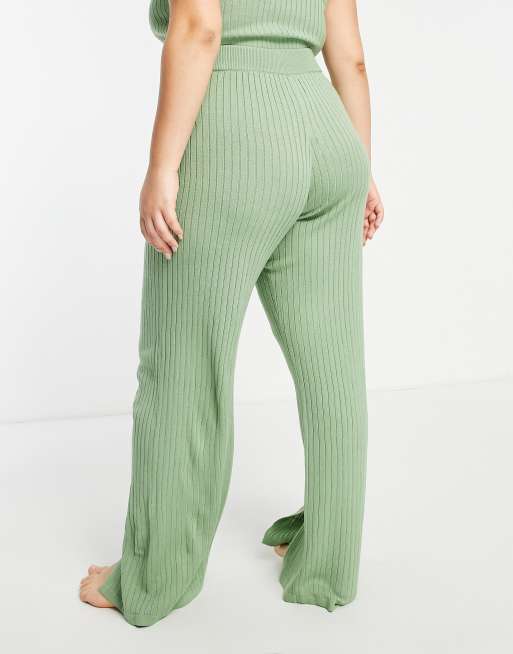 ASOS DESIGN Curve knitted lounge pants with split hem in light green (Part of a set), 3 of 4