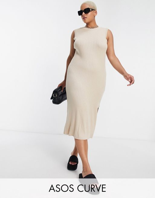 Asos Design Curve Knitted Maxi Dress In Wide Rib With Low Back Detail In Oatmeal Asos 