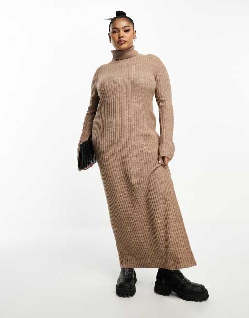 Knitted High Neck One Sleeve Maxi Dress