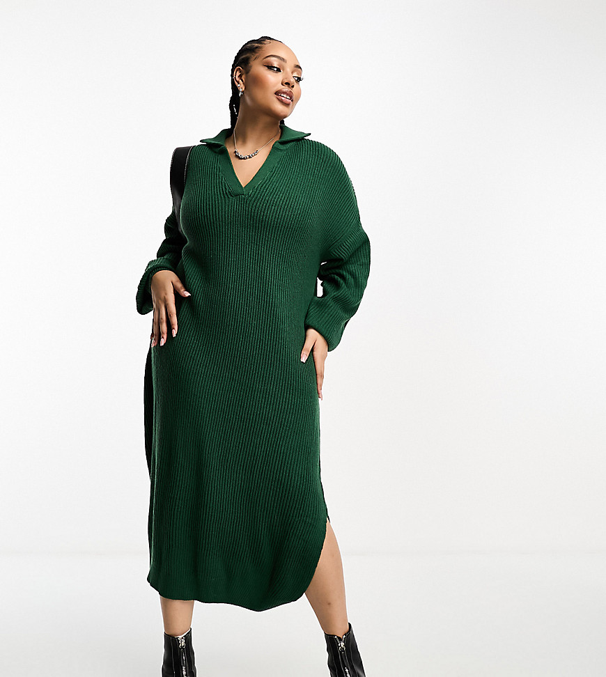 ASOS DESIGN Curve knitted maxi dress with open collar in dark green