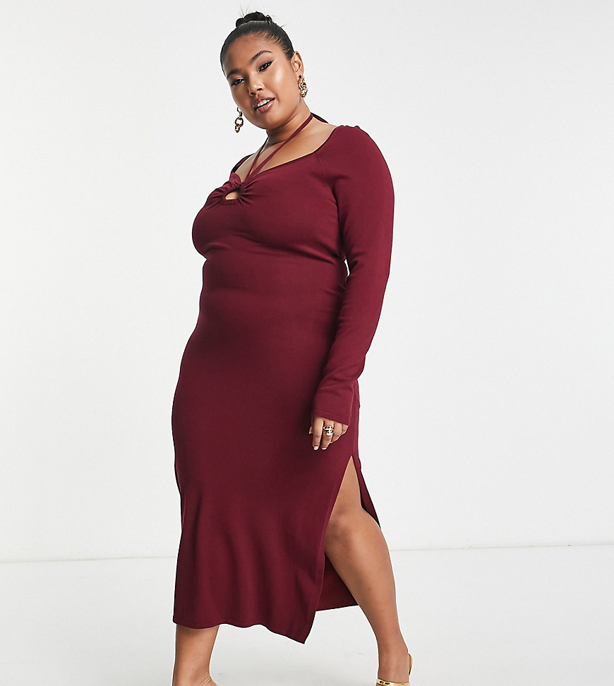 Asos Curve Asos Design Curve Knitted Midi Dress With Cross Over Strap Detail In Dark Red