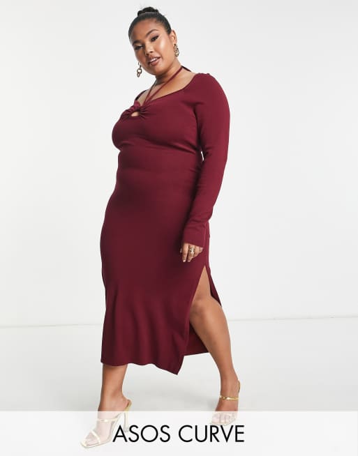 ASOS DESIGN Curve knitted midi dress with cross over strap detail in dark red |