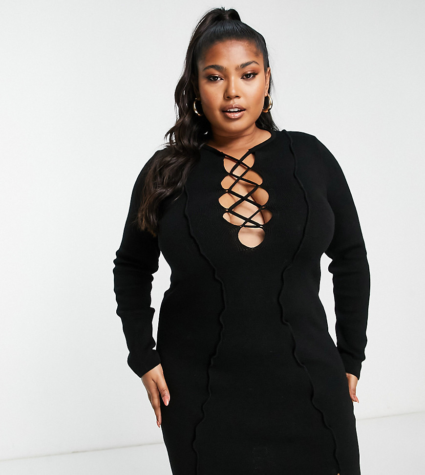 ASOS DESIGN Curve knitted midi dress with lace up and seam detail in black