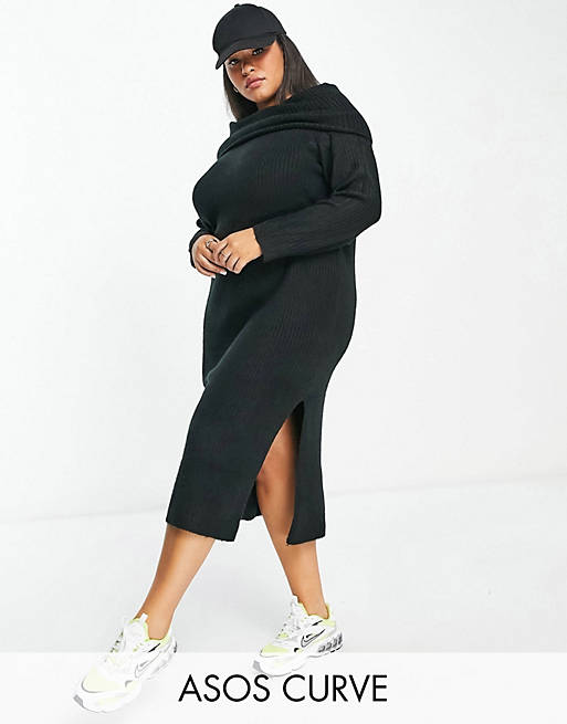 Dresses Curve knitted midi dress with off shoulder in black 