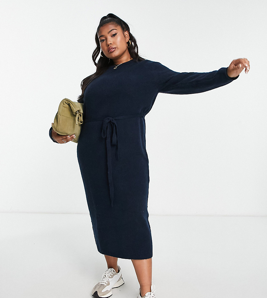 ASOS Curve ASOS DESIGN Curve knitted midi dress with tie waist in navy
