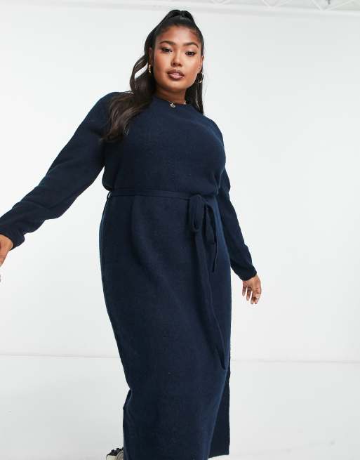 ASOS DESIGN Curve knitted midi dress with tie waist in navy ASOS