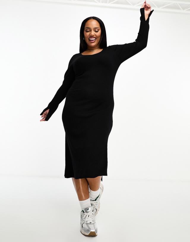 ASOS Curve - ASOS DESIGN Curve knitted midi dress with v neck in rib in black