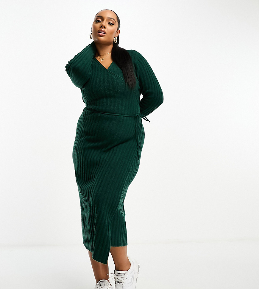 ASOS DESIGN Curve knitted midi dress with wrap front in dark green