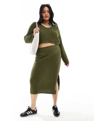 ASOS DESIGN Curve knitted midi skirt in open stitch co-ord-Green