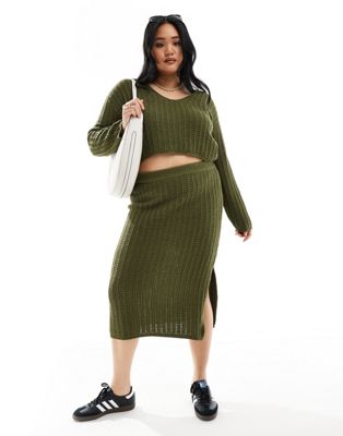 Asos Curve Asos Design Curve Knitted Midi Skirt In Open Stitch - Part Of A Set-green