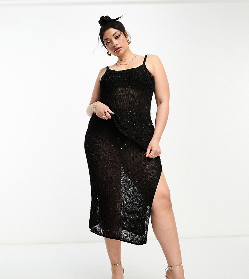 ASOS DESIGN Curve knitted midi skirt in sequin yarn in black co-ord