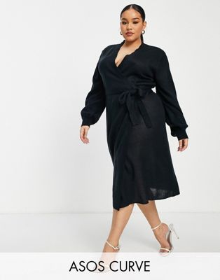 ASOS DESIGN Curve knitted midi wrap dress with balloon sleeve | ASOS
