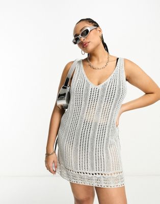 ASOS DESIGN Curve crochet mini dress in metallic silver