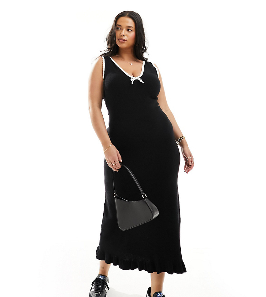 Asos Curve Asos Design Curve Knitted Moss Stitch Maxi Dress With Contrast Trims In Black And White-multi