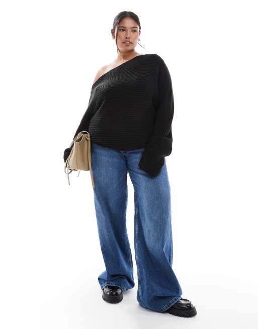 ASOS DESIGN Curve knitted off-the-shoulder slouchy jumper in black, 2 of 4
