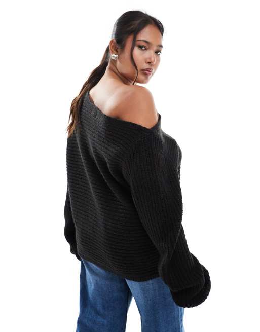 ASOS DESIGN Curve knitted off-the-shoulder slouchy jumper in black, 3 of 4