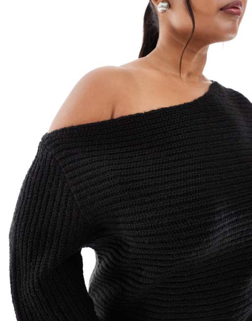 ASOS DESIGN Curve knitted off-the-shoulder slouchy jumper in black, 4 of 4