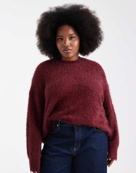ASOS DESIGN Curve knitted oversized jumper in eyelash yarn in burgundy - view 1