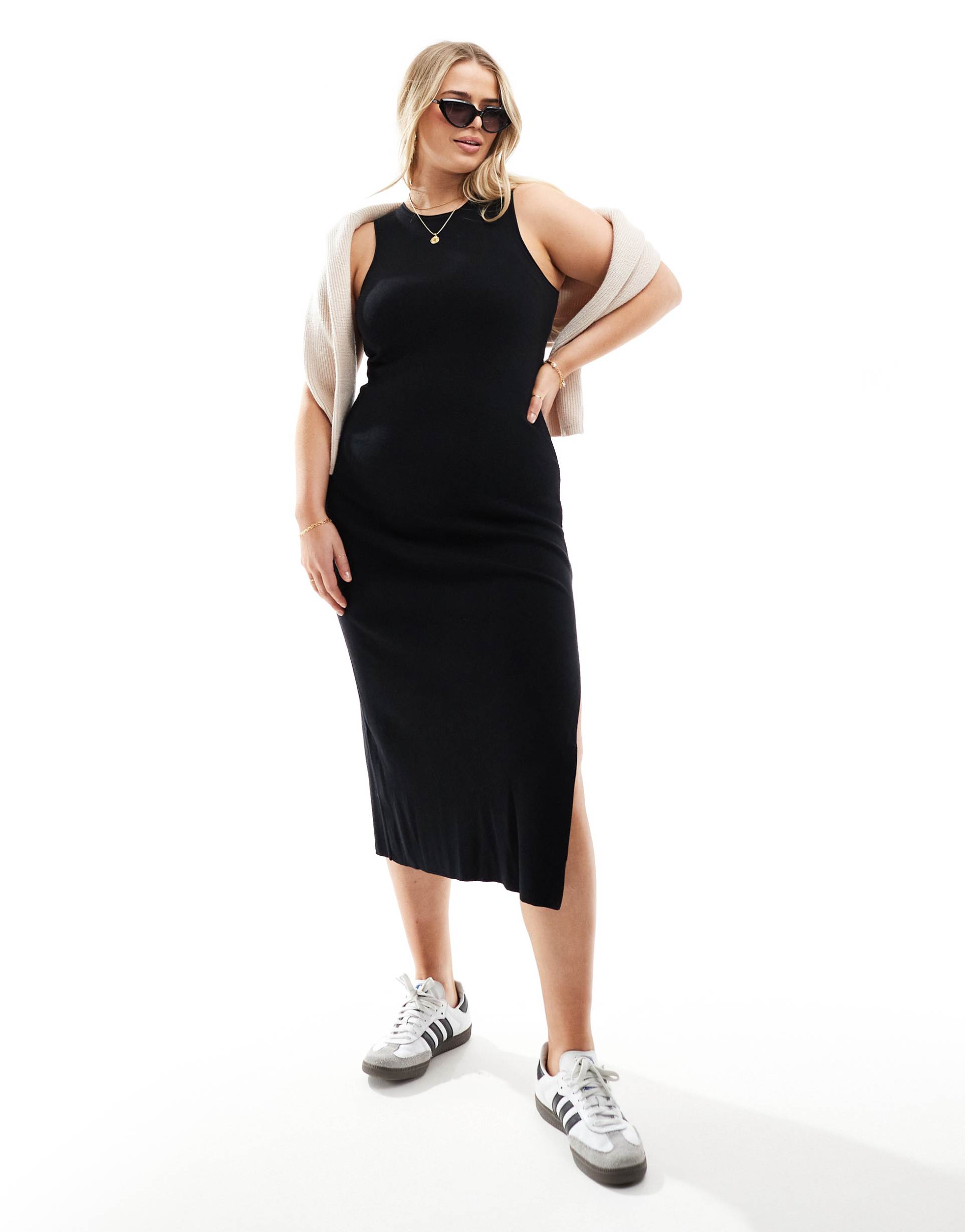asos design curve knitted racer midi dress in black