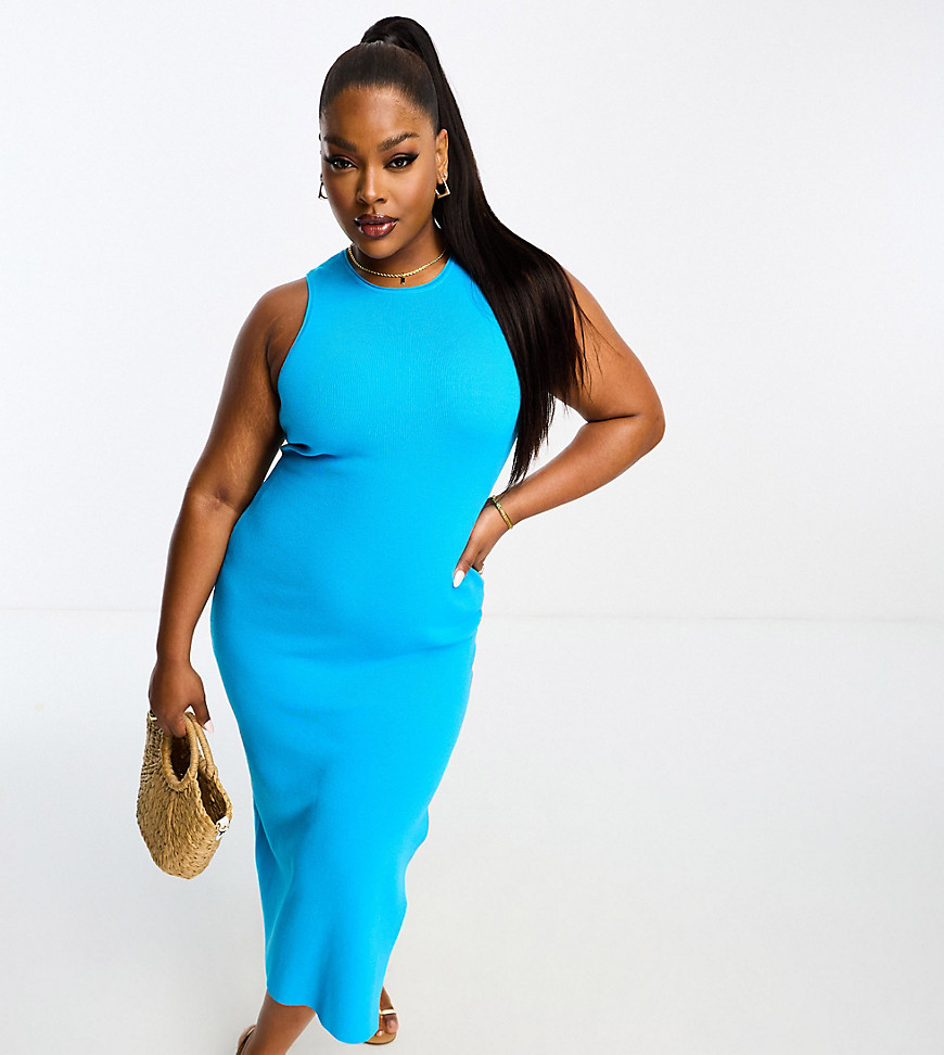 ASOS DESIGN Curve knitted racer midi dress in bright blue