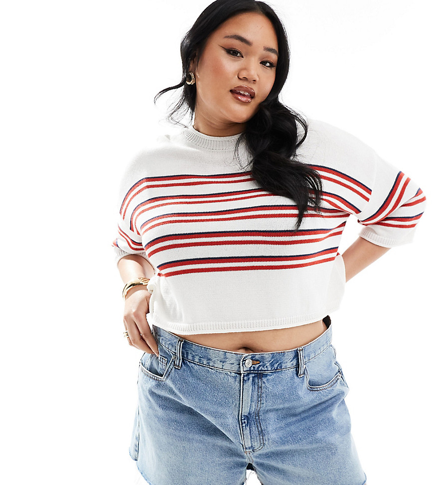 ASOS DESIGN Curve knitted short sleeve sweater in red stripe