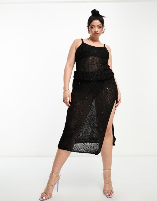 ASOS DESIGN Curve knitted singlet top in sequin yarn in black (part of a set)