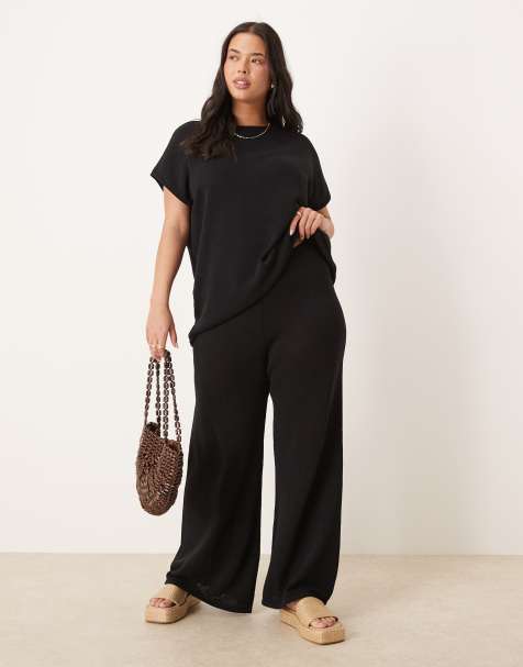 ASOS DESIGN Curve knitted slub pants in black (part of a set) - view 1