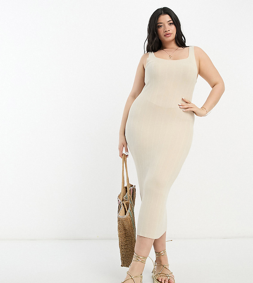 ASOS DESIGN Curve knitted square neck midi dress in stone-Neutral