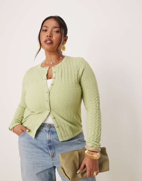 ASOS DESIGN Curve knitted stitch detail crew neck cardigan in sage - view 1