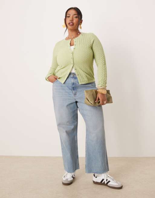 ASOS DESIGN Curve knitted stitch detail crew neck cardigan in sage, 2 of 4