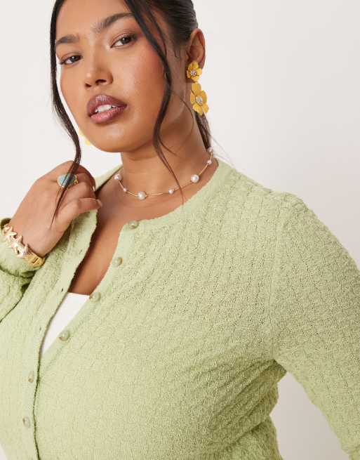 ASOS DESIGN Curve knitted stitch detail crew neck cardigan in sage, 3 of 4