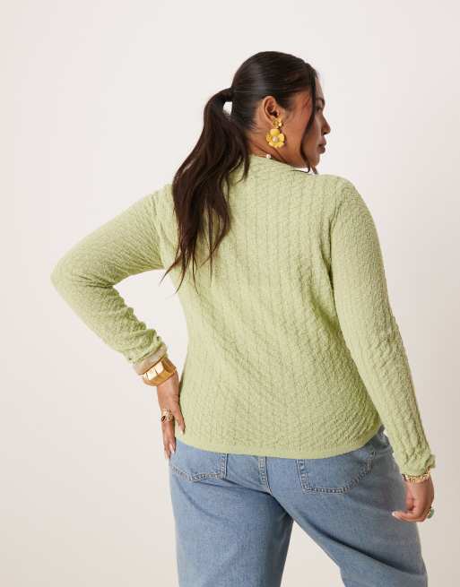 ASOS DESIGN Curve knitted stitch detail crew neck cardigan in sage, 4 of 4