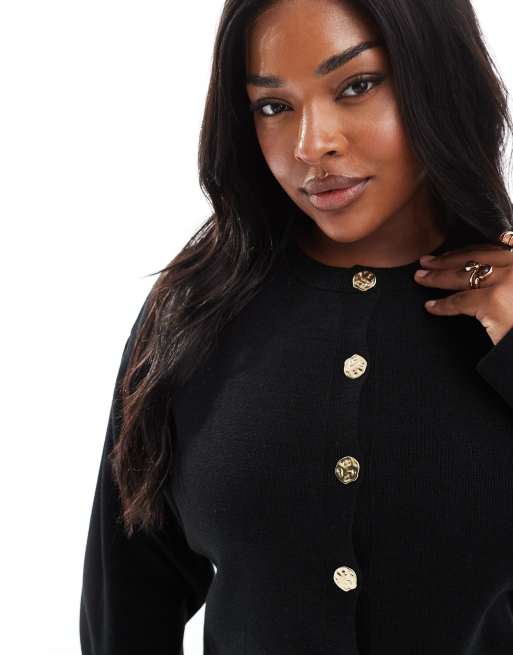 ASOS DESIGN Curve knitted structured crew neck cardigan with gold buttons in black, 2 of 4