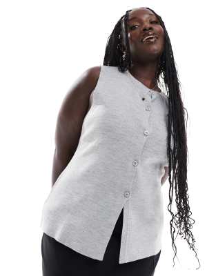 ASOS Curve ASOS DESIGN Curve knitted structured crew neck waistcoat with front split in grey