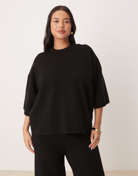 ASOS DESIGN Curve knitted structured oversized t shirt in black - view 1