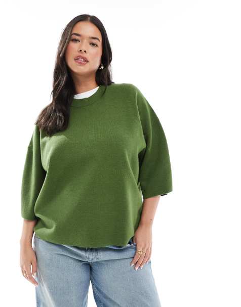ASOS DESIGN Curve knitted structured oversized t-shirt in olive - view 1