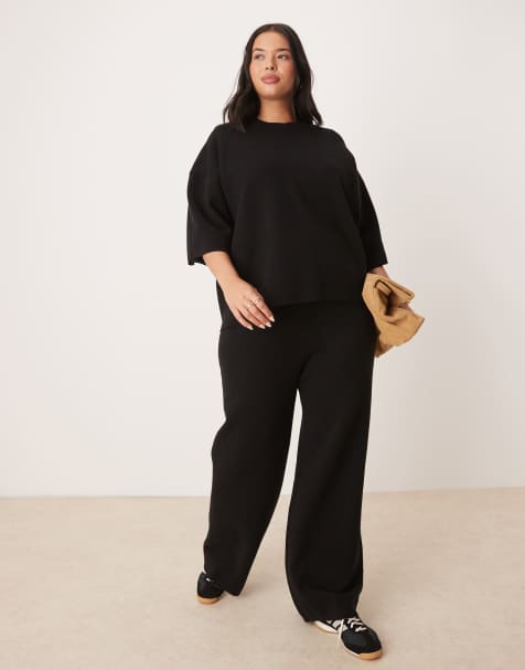 ASOS DESIGN Curve knitted structured oversized t shirt & trouser co-ord in black - view 1