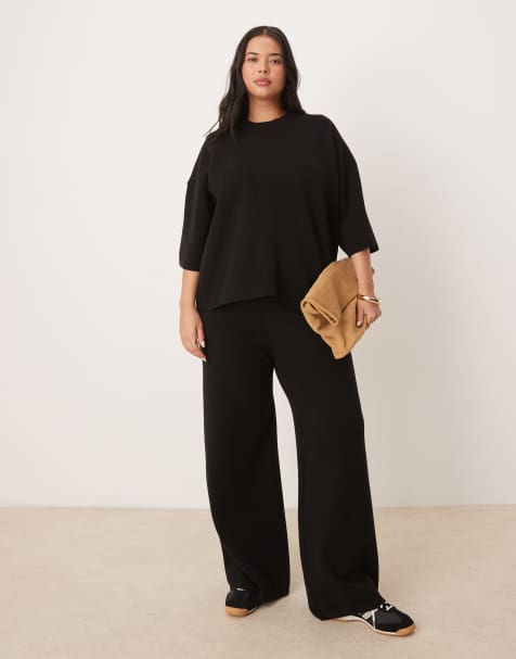 ASOS DESIGN Curve knitted structured trouser co-ord in black - view 1