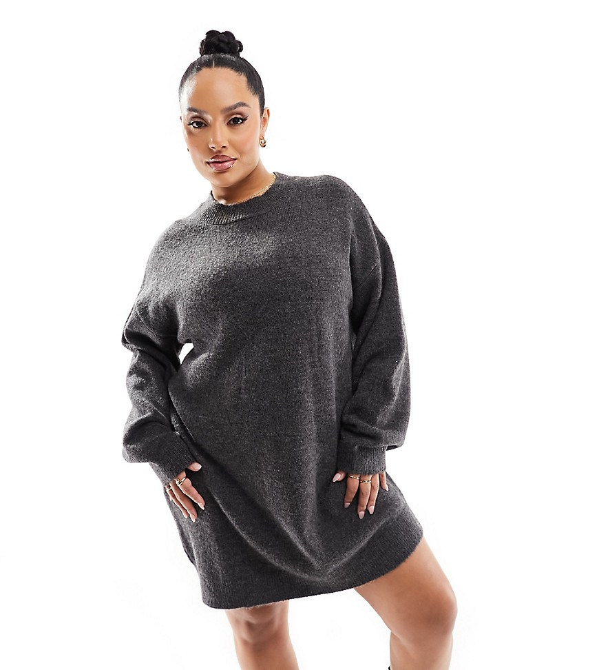 Asos Curve Asos Design Curve Knitted Sweater Mini Dress With Crew Neck In Charcoal-gray