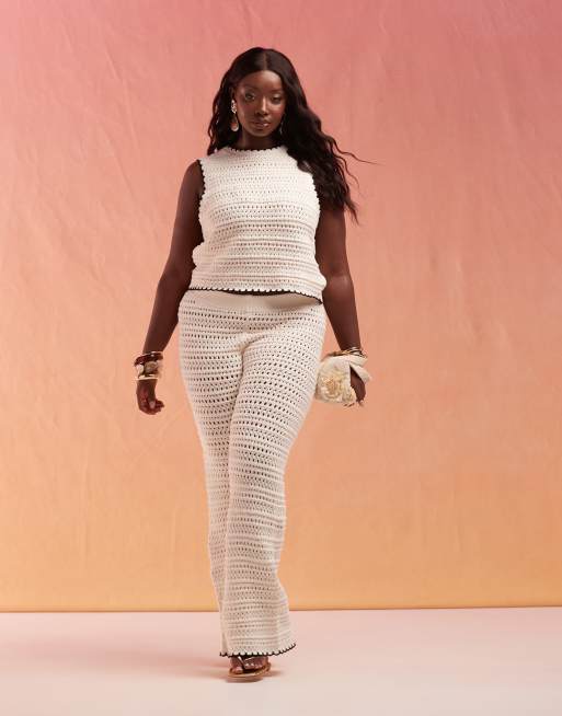 ASOS DESIGN Curve knitted tank top & flare set in open stitch with tipping in cream