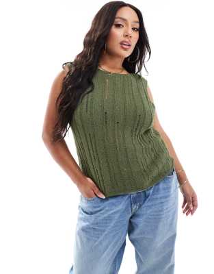ASOS Curve ASOS DESIGN Curve knitted tank top in boucle yarn with ladder stitch detail in khaki-Green