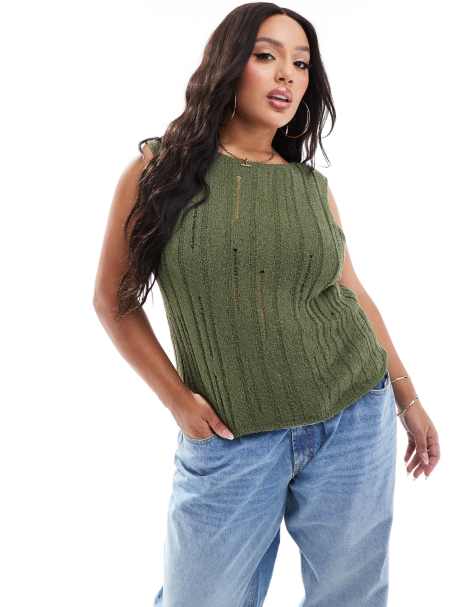 ASOS DESIGN Curve knitted tank top in boucle yarn with ladder stitch detail in khaki - view 1