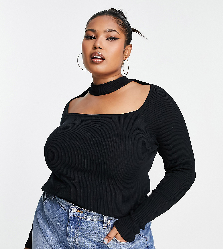 ASOS DESIGN Curve knitted top with cut out neck detail in black
