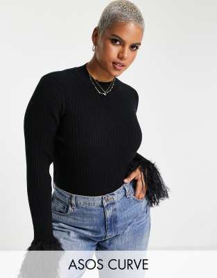 ASOS DESIGN Curve knitted top with faux feather cuff detail in black