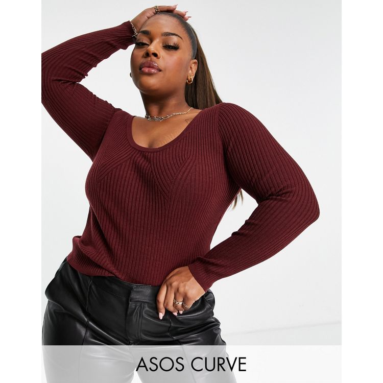ASOS DESIGN Curve knitted top with scoop neck with rib bust detail in dark  red