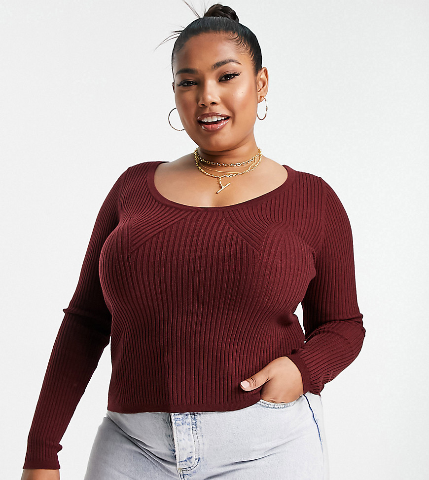 ASOS DESIGN Curve knitted top with scoop neck with rib bust detail in dark red