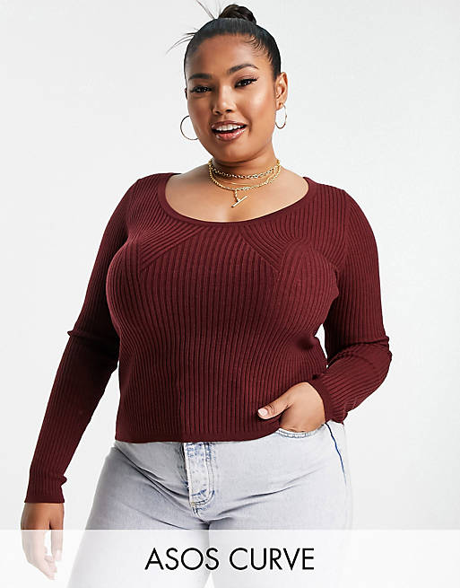ASOS DESIGN Curve knitted top with scoop neck with rib bust detail in dark  red